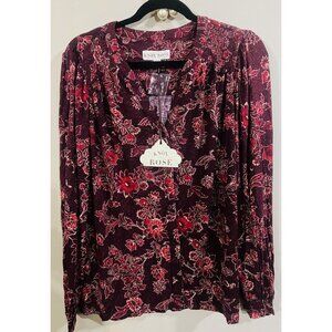 New! Knox Rose🌹Large Blouse Boho Wine Floral Long Sleeve Super Soft Womens NWT